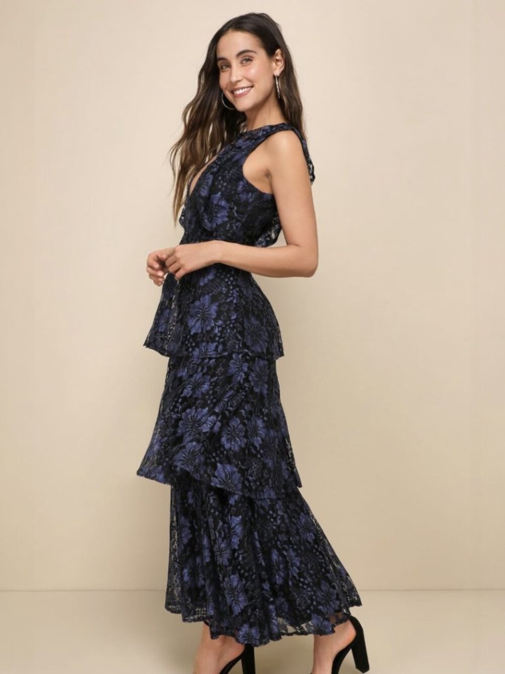 Lulus Molinetto Navy Blue Lace Ruffled Tiered Sleeveless Maxi Dress NWT - Picture 2 of 16